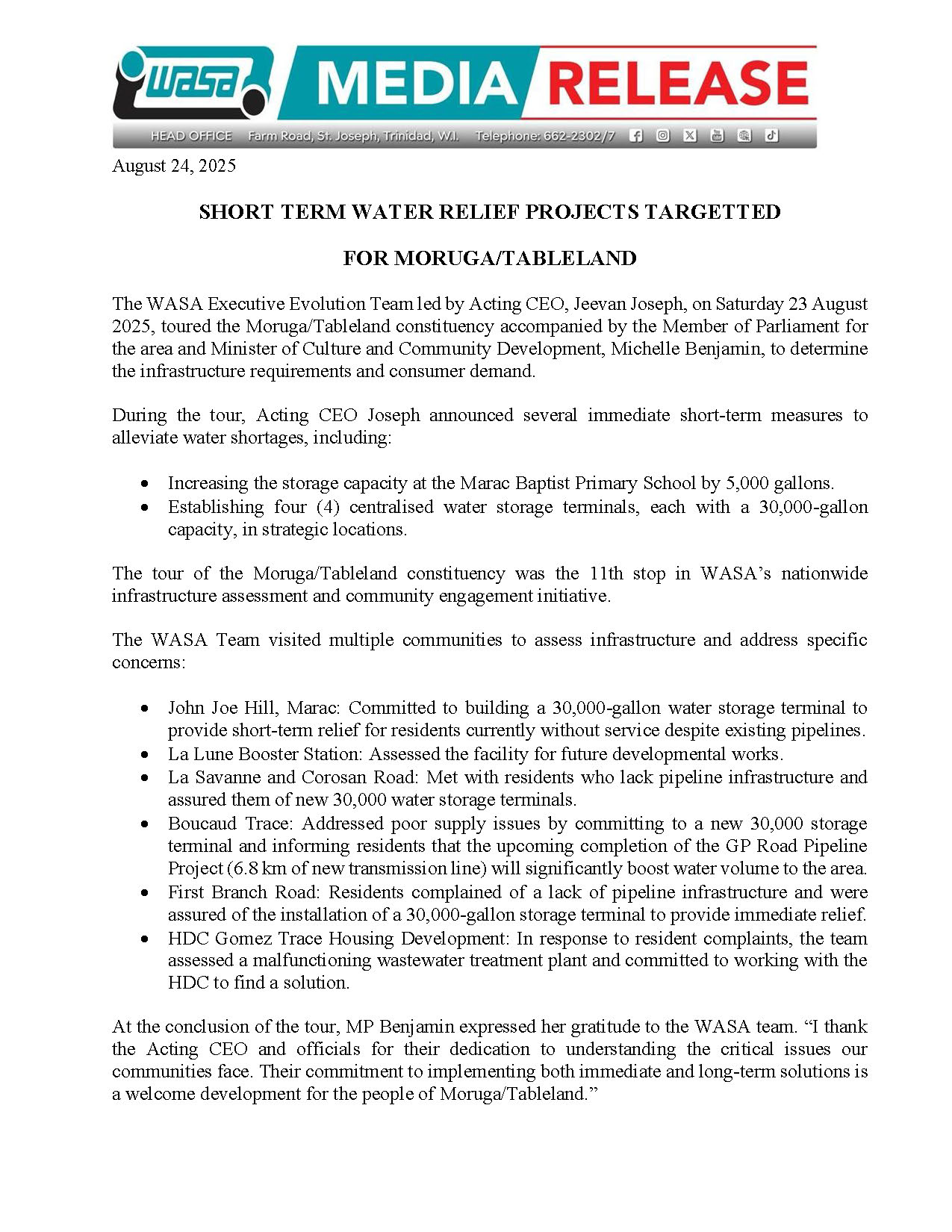 Short Term Relief Projects For Moruga Tableland